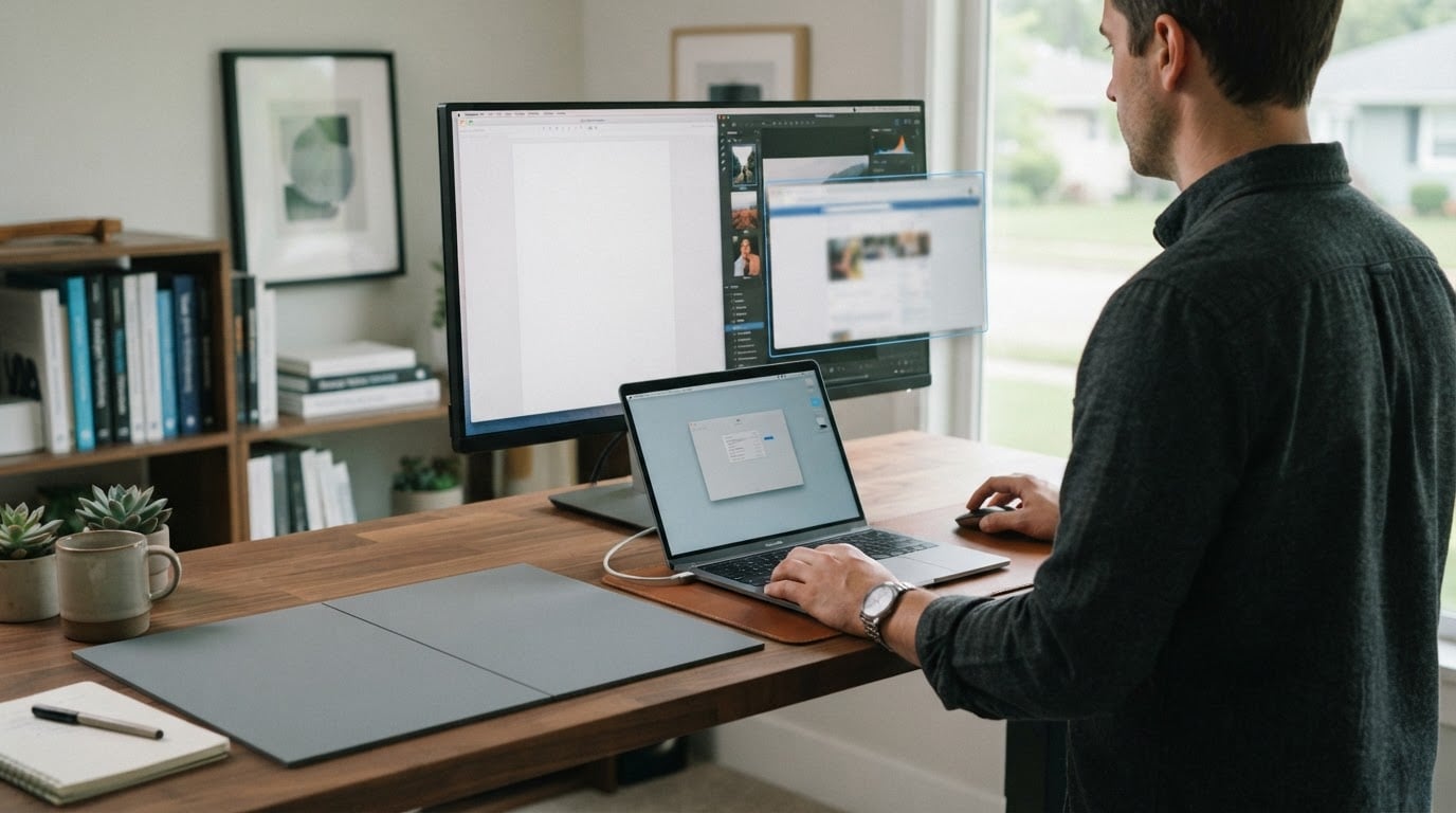 Editorial illustration for macos window management.